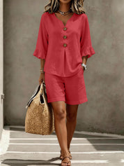 Freya Thornton | Linen Two-Piece Shorts Set with Ruffle Sleeve Detail