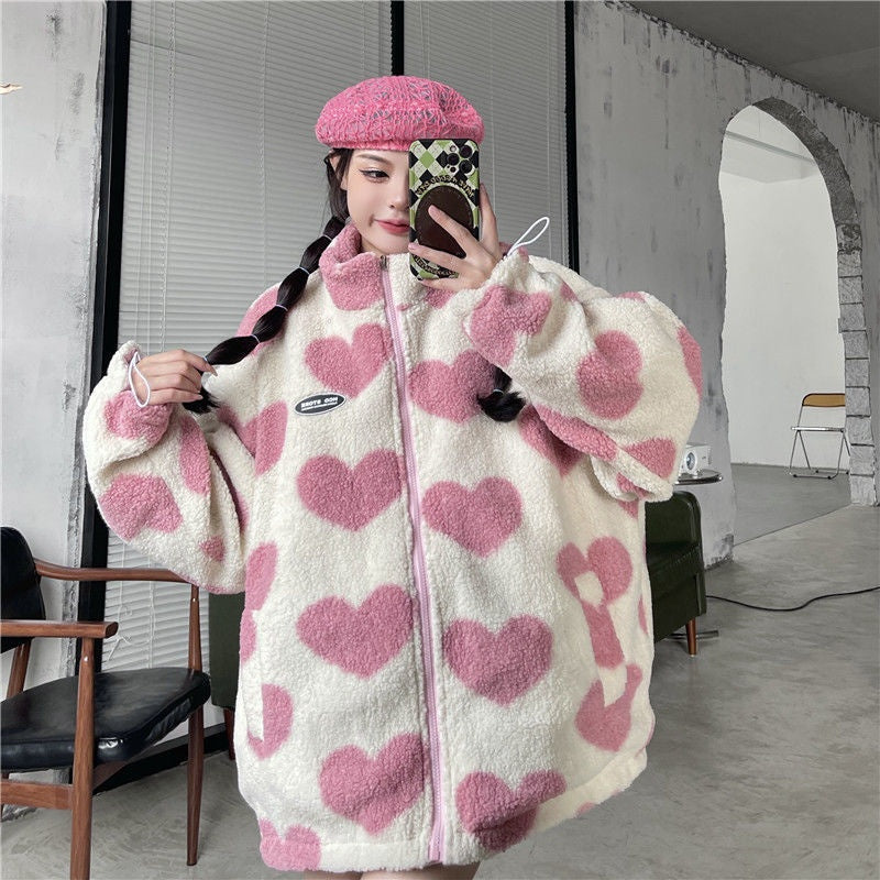 Rosie Morris | Heart Print Teddy Fleece Coat