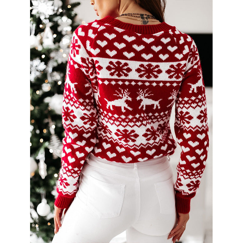 Winter Cheer | Pull de Noël à motif jacquard cerf rouge pour femmes