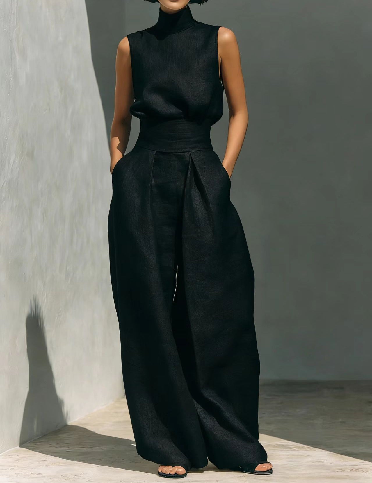 Nadia Serrano | Linen-Look Turtleneck Top & Wide-Leg Trouser Set