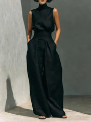 Nadia Serrano | Linen-Look Turtleneck Top & Wide-Leg Trouser Set