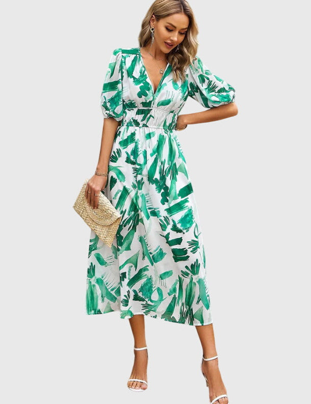 Beatrice Sandford | Floral V-Neck Midi Dress With Smocked Waist