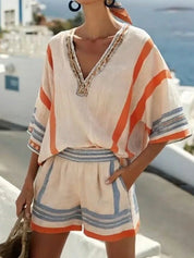Soraya Dimitriou | Linen Striped V-Neck Top & Shorts Set – Coastal Summer Co-ord