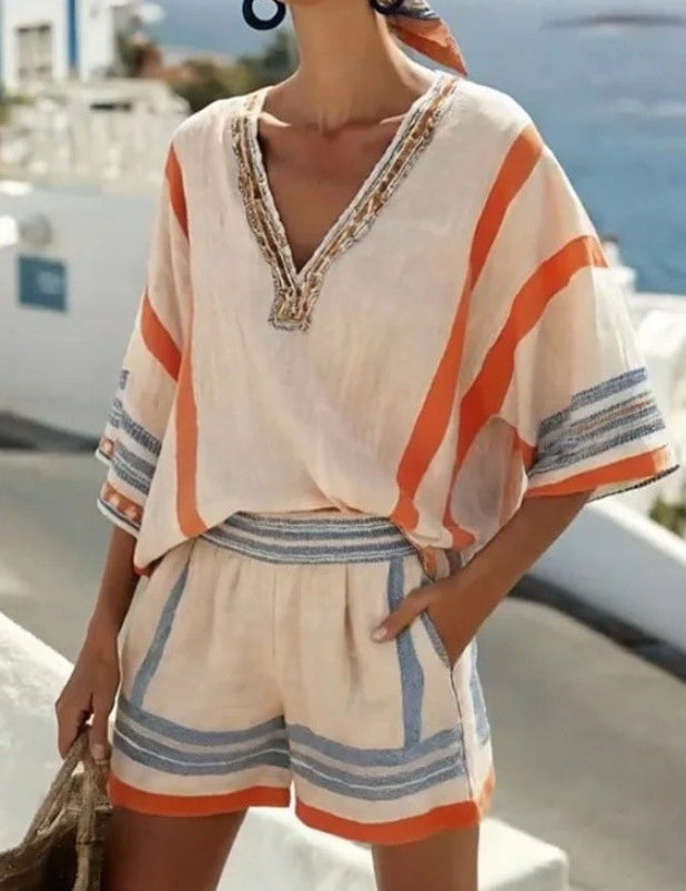 Soraya Dimitriou | Linen Striped V-Neck Top & Shorts Set – Coastal Summer Co-ord