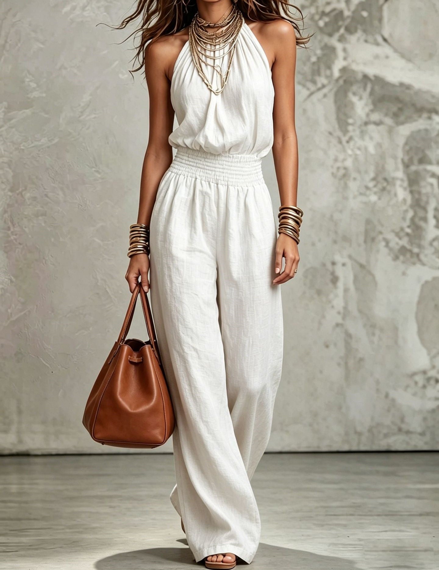 Cecily Adams | Halter Neck Wide-Leg Jumpsuit with Smocked Waist