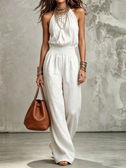 Cecily Adams | Halter Neck Wide-Leg Jumpsuit with Smocked Waist