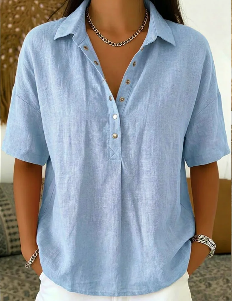 Quinley | Casual Linen Button-Up Collar Shirt in Denim Blue