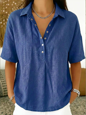Quinley | Casual Linen Button-Up Collar Shirt in Denim Blue