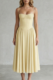 Eleanor Whitfield | Sage Green Corset Midi Dress – Structured Pleated