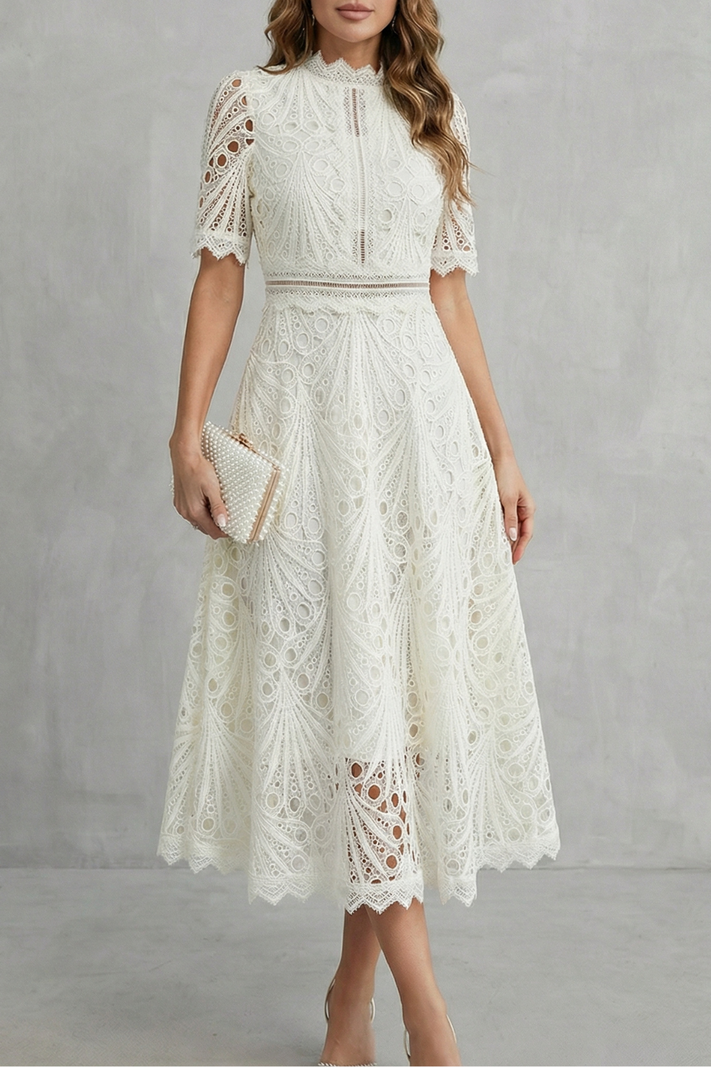 Arabella Courtney | Ornate Lace High-Neck Midi Dress in Fuchsia Pink