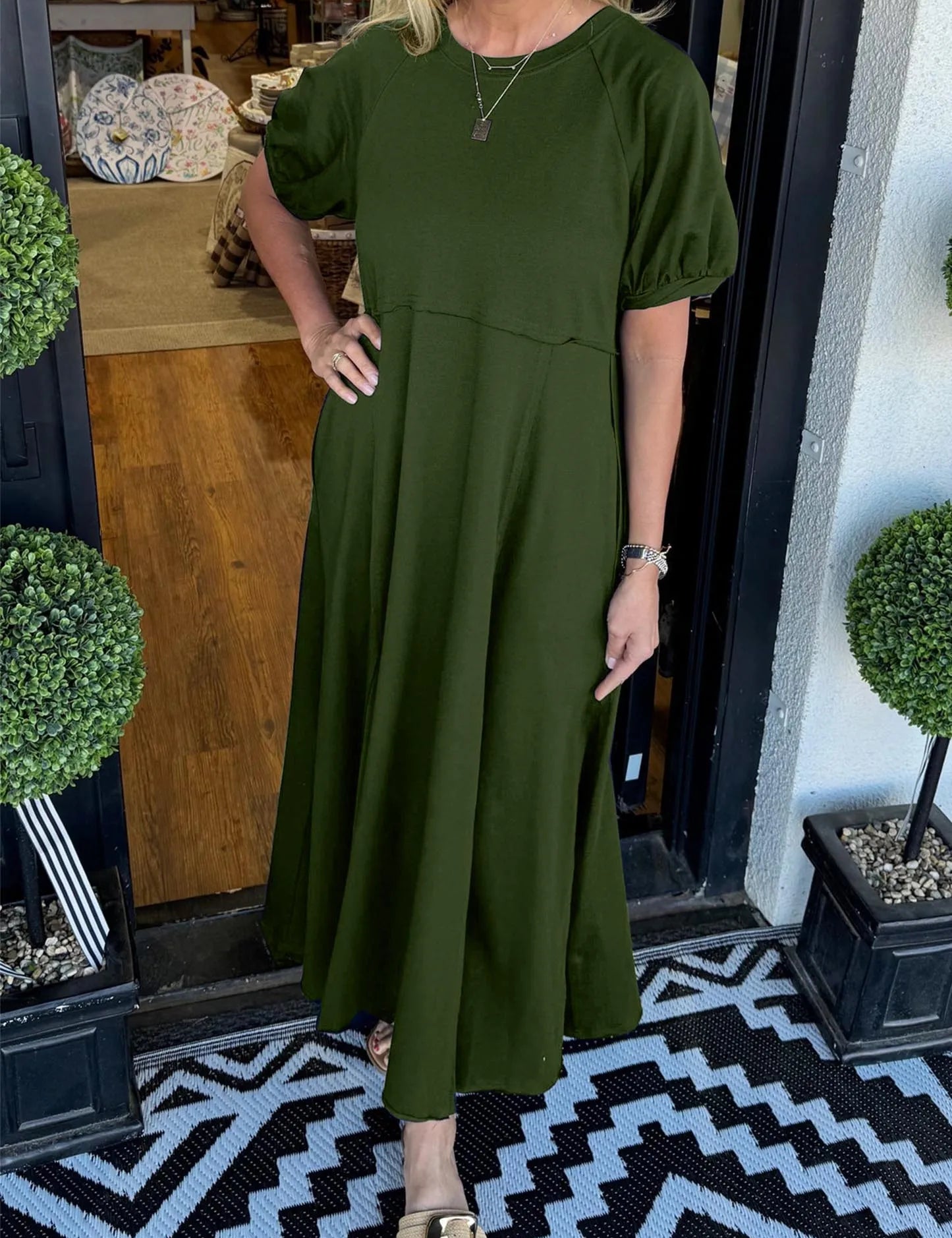 Millicent Hughes | Puff Sleeve Round Neck Maxi Dress