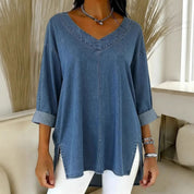 Saoirse Callahan | Washed Denim V-Neck Tunic Top with Side Splits