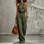 Cecily Adams | Halter Neck Wide-Leg Jumpsuit with Smocked Waist
