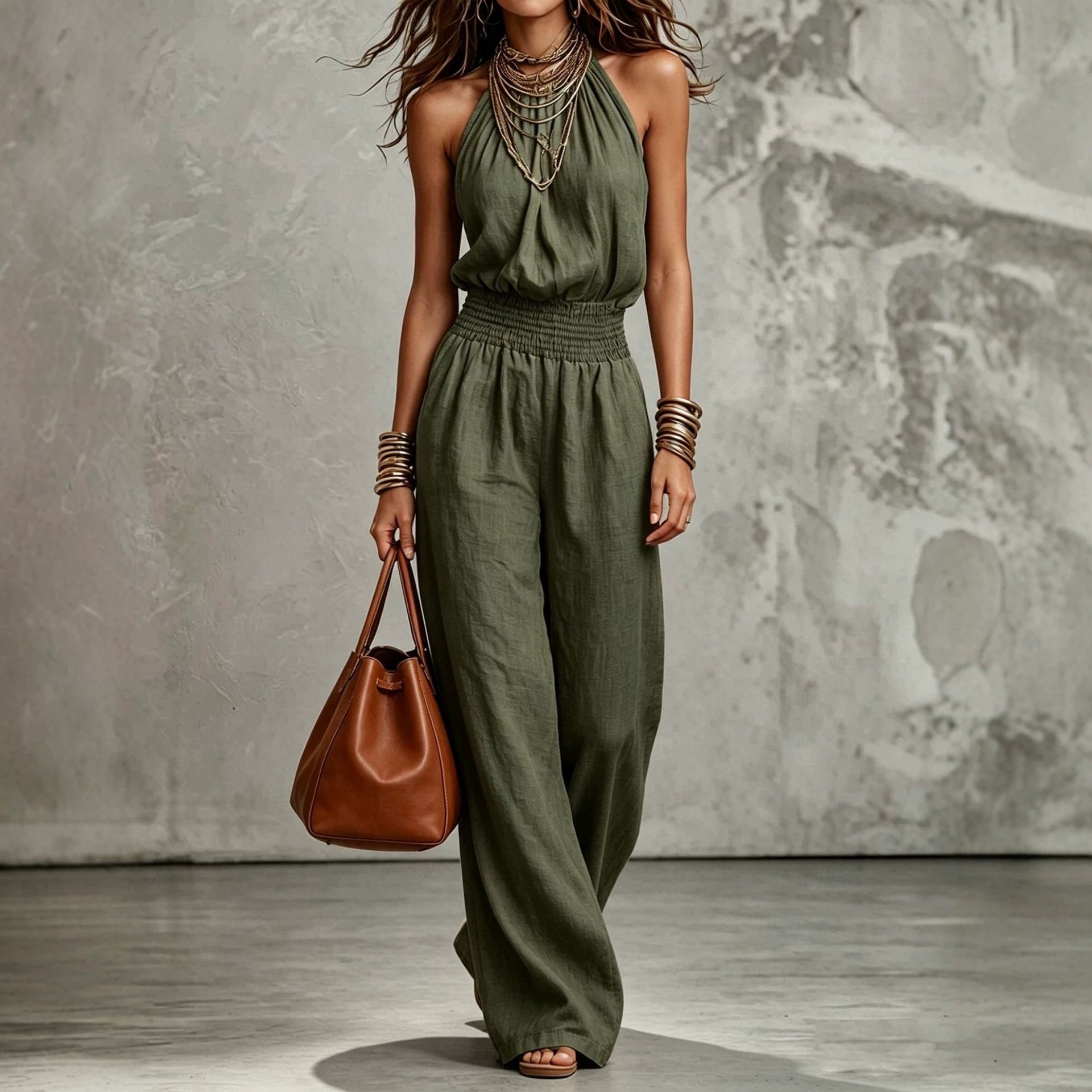 Cecily Adams | Halter Neck Wide-Leg Jumpsuit with Smocked Waist