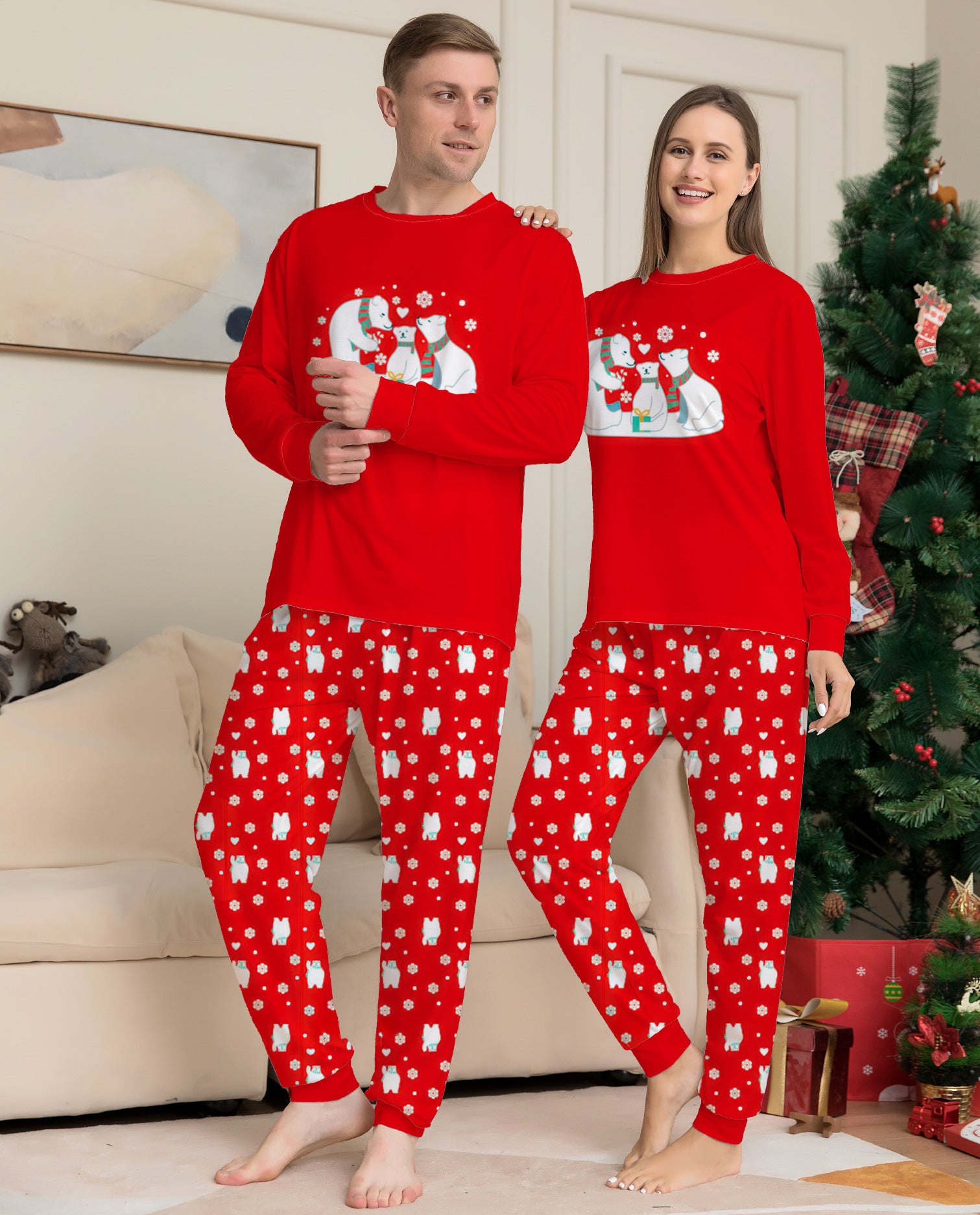 Frost Nook | Pyjamas de Noël rouges à imprimé ours polaire pour homme et femme / unisexes