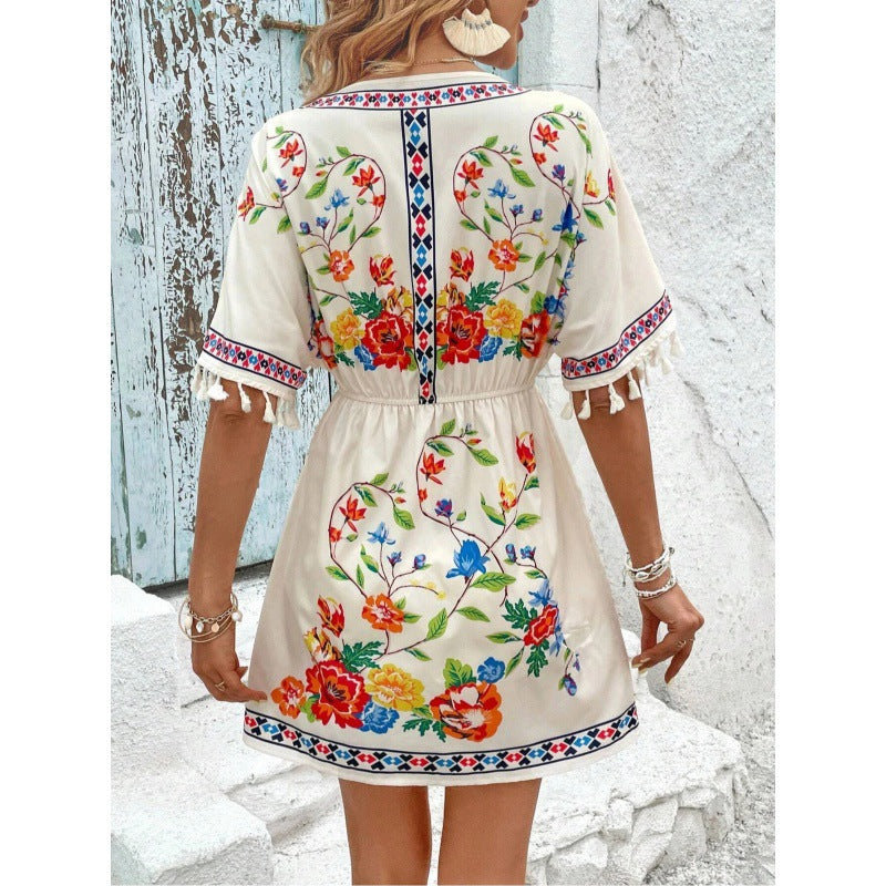 Esmeralda Fuentes | Bohemian Floral Print Mini Dress with Tassel Trim