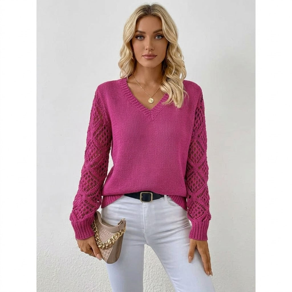Matilda Evans | Elegant V-Neck Knit Sweater with Open-Knit Sleeves