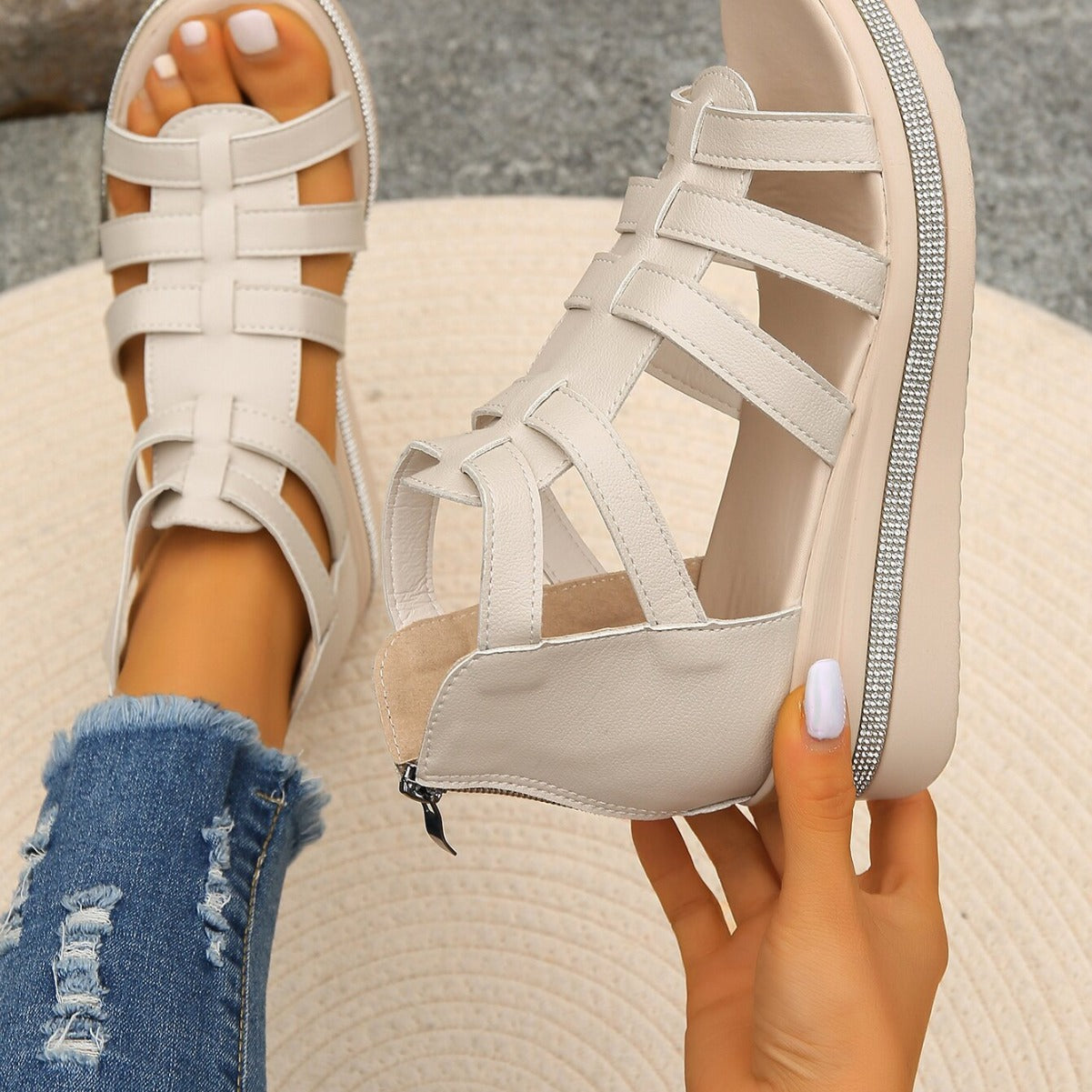 Tabitha Green | Black Gladiator Platform Sandals with Rhinestone Sole