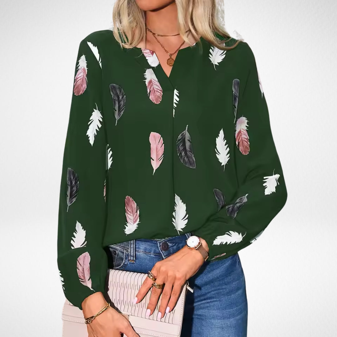 Georgia Marlowe | Feather Print Blouse With Bishop Sleeves