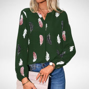 Georgia Marlowe | Feather Print Blouse With Bishop Sleeves