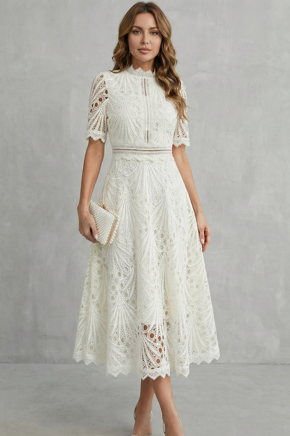 Arabella Courtney | Ornate Lace High-Neck Midi Dress in Fuchsia Pink