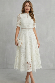 Arabella Courtney | Ornate Lace High-Neck Midi Dress in Fuchsia Pink