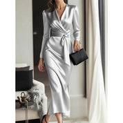 Giulia Fontane | Satin Bodycon Dress with Belt in Burgundy Red