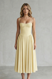 Eleanor Whitfield | Sage Green Corset Midi Dress – Structured Pleated