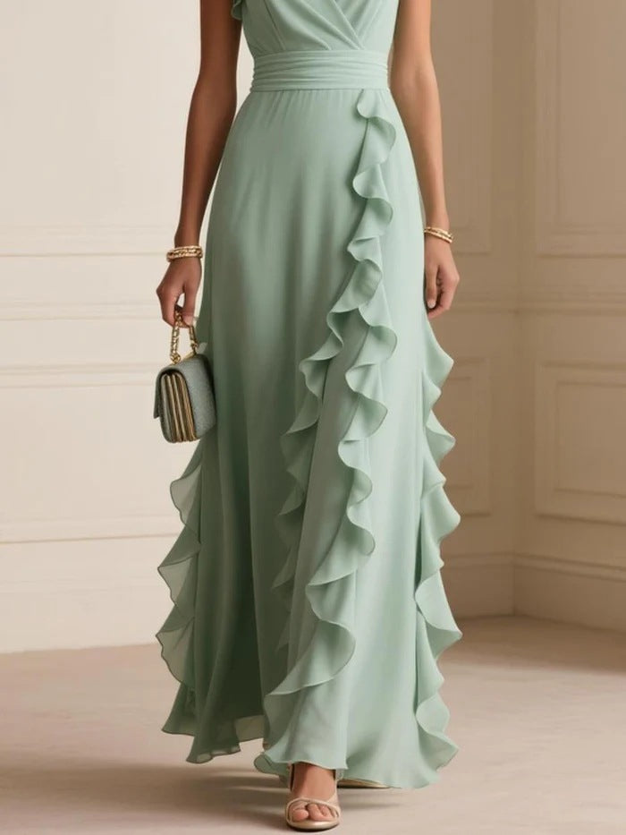 Rosie Griffiths | Sage Ruffle Maxi Dress with V-Neckline