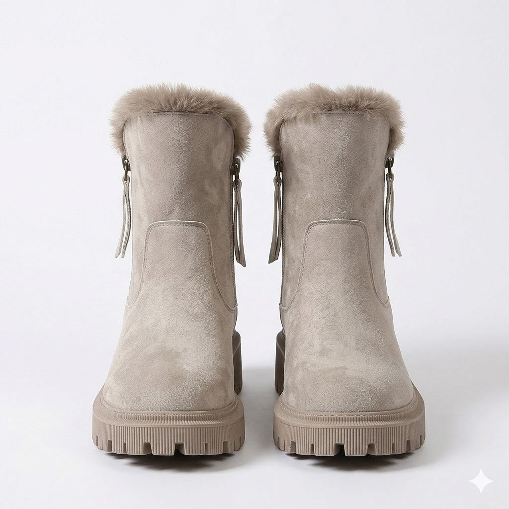 Freya Lawson | Fur Trim Winter Ankle Boots in Warm Stone Suede