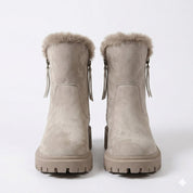 Freya Lawson | Fur Trim Winter Ankle Boots in Warm Stone Suede