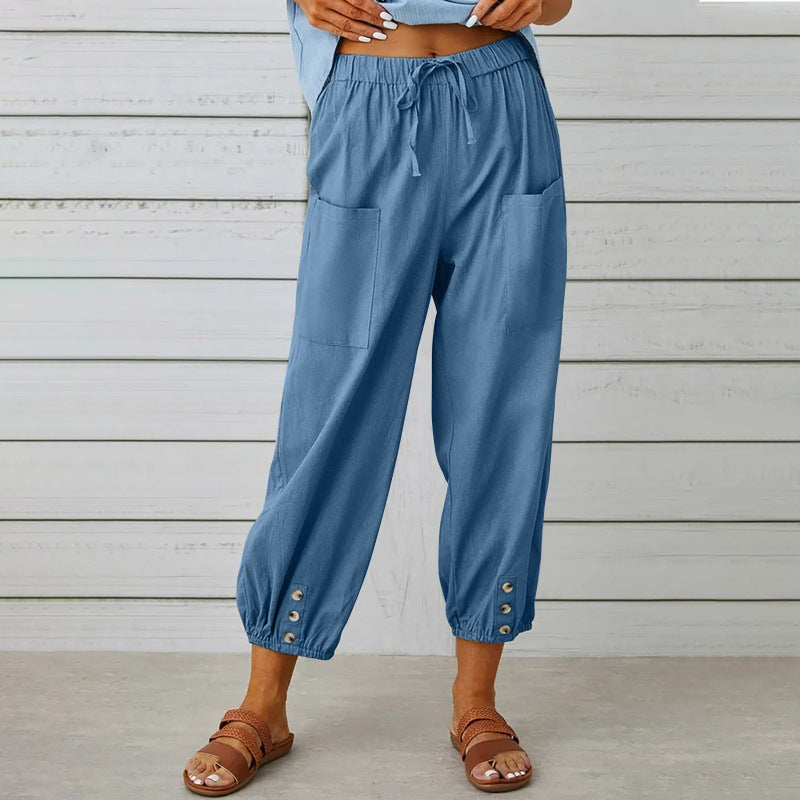 Paloma Delgado | Relaxed Drawstring Cropped Trousers with Button Hem
