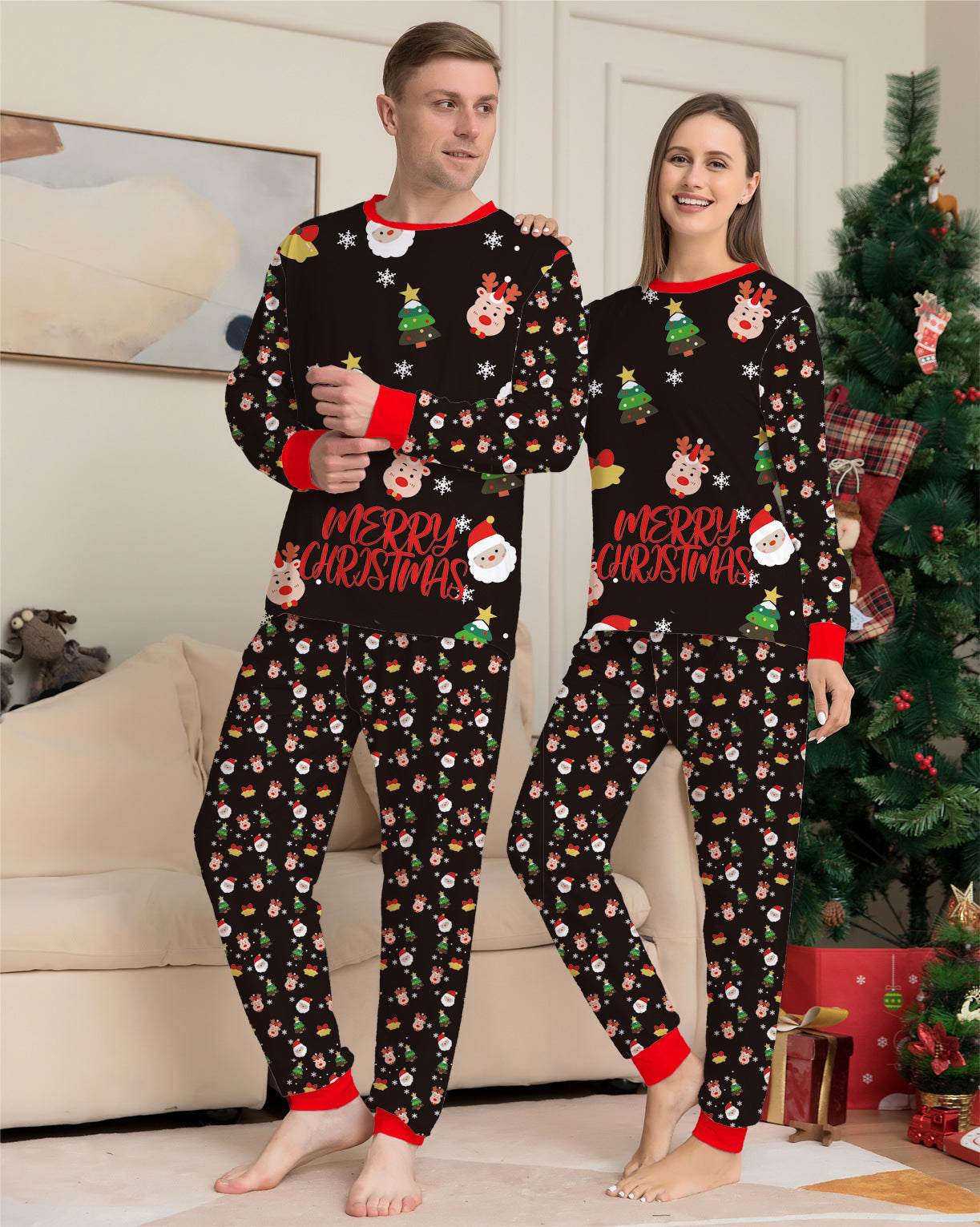 Cocoa Cabin | Pyjama de Noël à imprimé Père Noël noir pour couples
