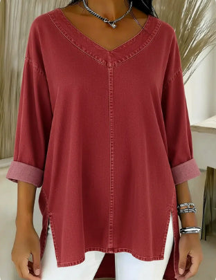 Saoirse Callahan | Washed Denim V-Neck Tunic Top with Side Splits