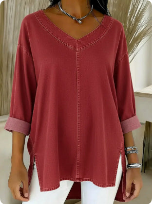 Saoirse Callahan | Washed Denim V-Neck Tunic Top with Side Splits