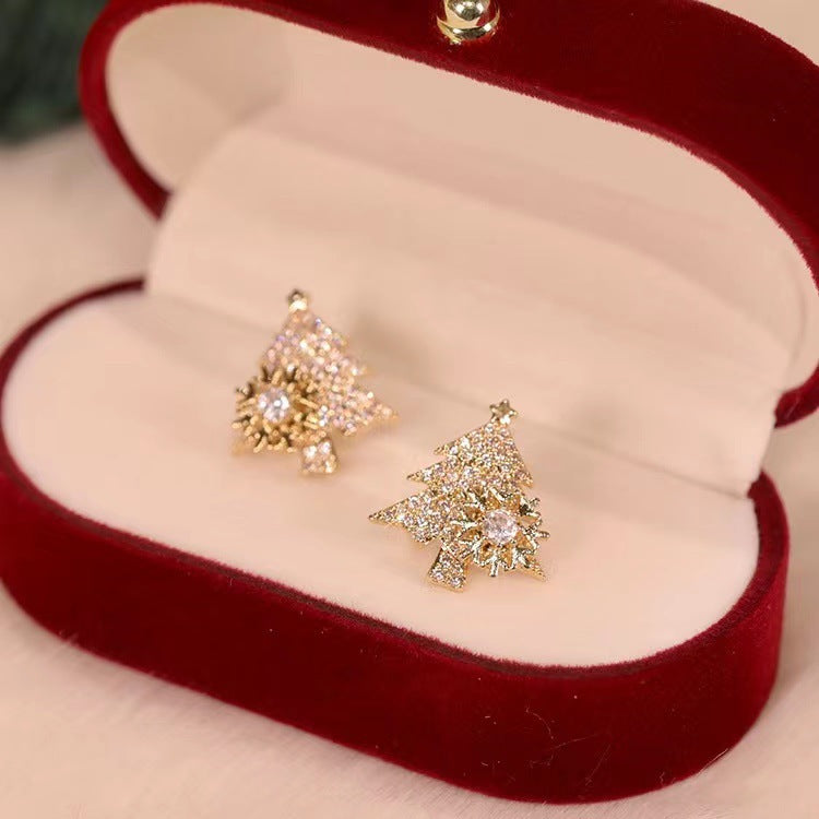 Boucles d’oreilles de sapin de Noël avec flocon doré Sparkle Frost pour femmes