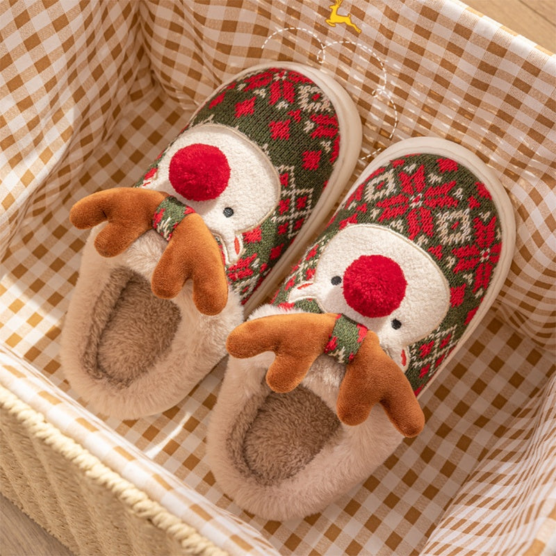 Frost Elk | Pantoufles de Noël vertes à motif de renne Fair Isle pour femmes