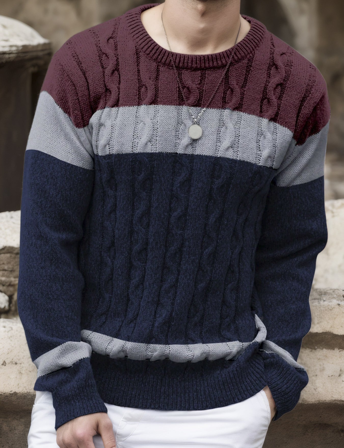 Alfred Kendall | Colour-Block Cable Knit Crew Neck Jumper