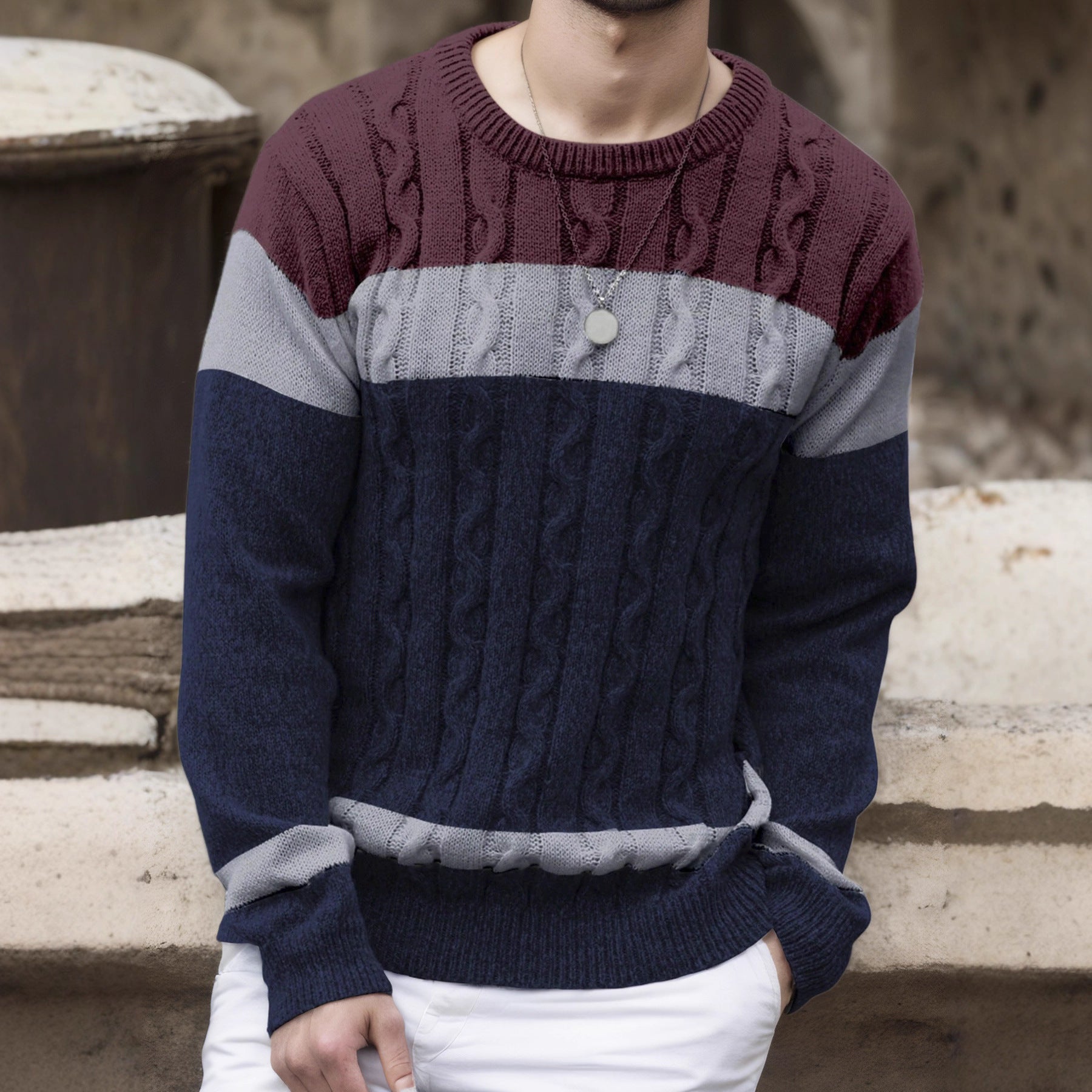 Alfred Kendall | Colour-Block Cable Knit Crew Neck Jumper