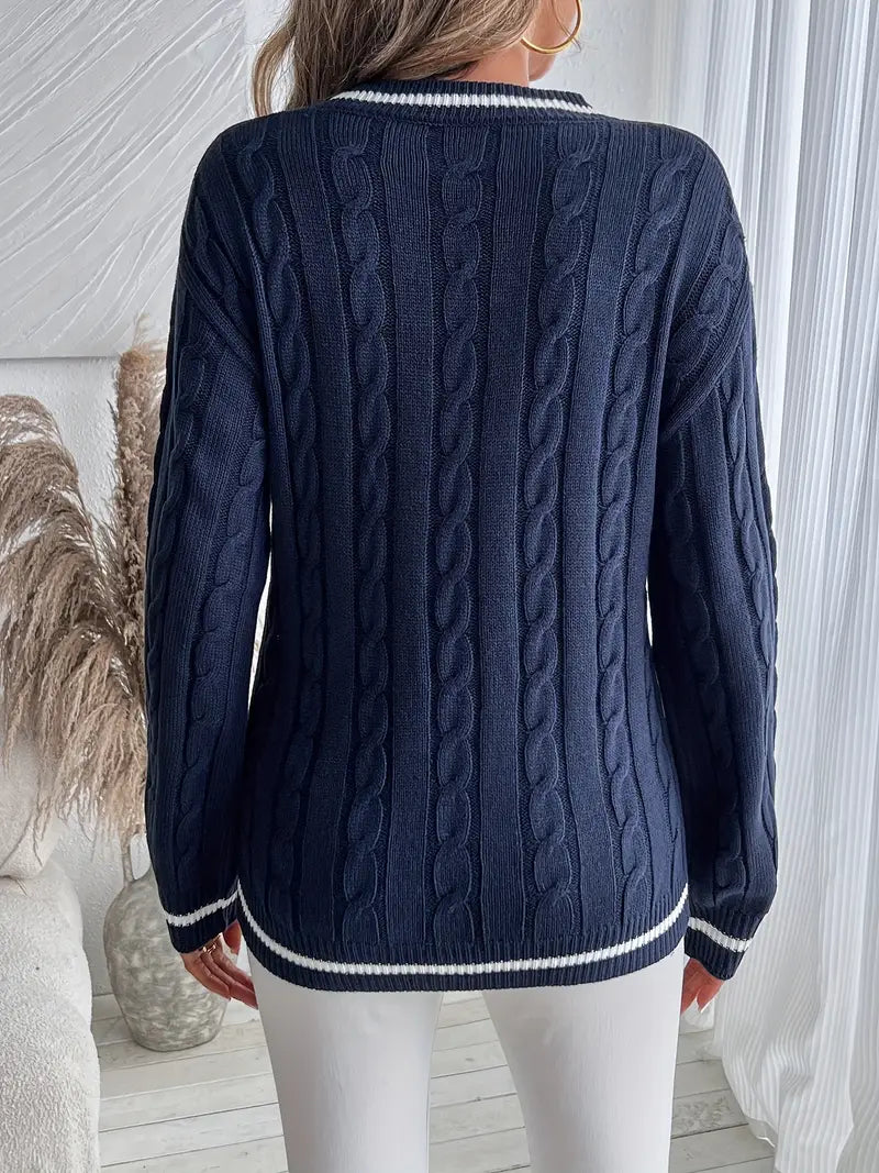 Georgina Wells | Cable Knit V-Neck Sweater with Varsity Trim