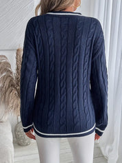 Georgina Wells | Cable Knit V-Neck Sweater with Varsity Trim