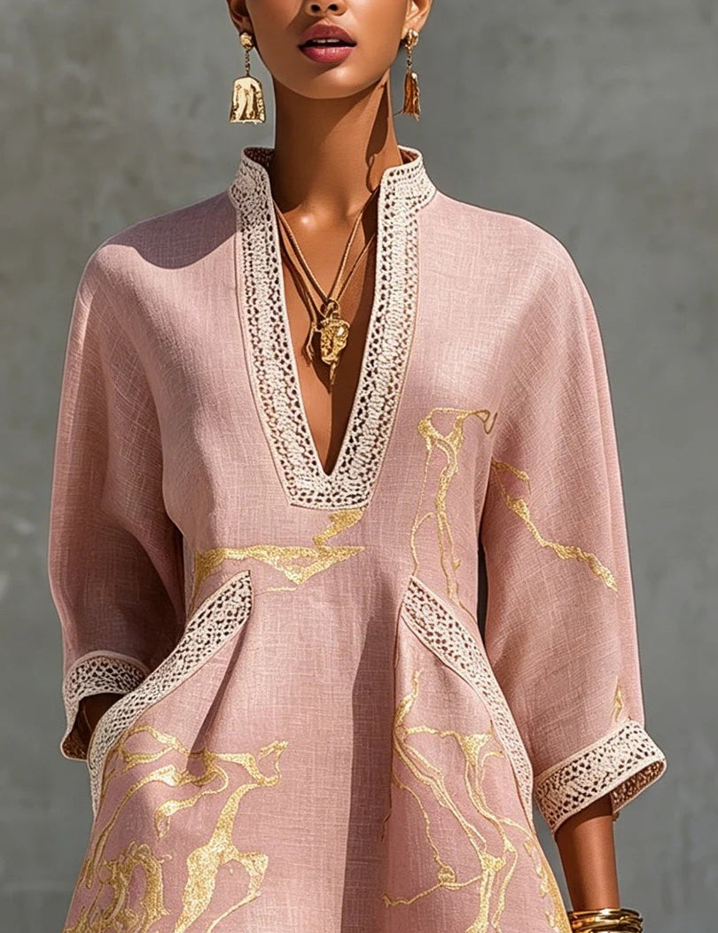 Orla Jones | Printed V-Neck Lace-Trim Mini Dress