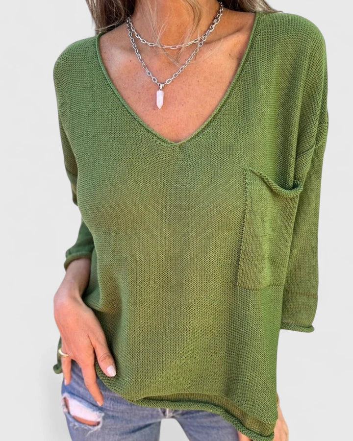 Marianne Oakes | Green Knit Sweater With Pocket Detail