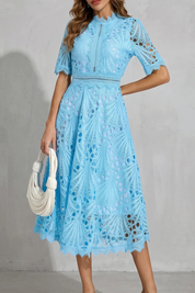 Arabella Courtney | Ornate Lace High-Neck Midi Dress in Fuchsia Pink