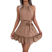 Catalina Moreau | Halter Neck Ruffle Hem Mini Dress with Tie Waist
