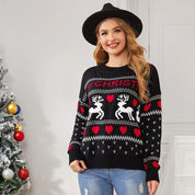 Winter Fawn | Pull de Noël à motif jacquard cerf noir pour femmes