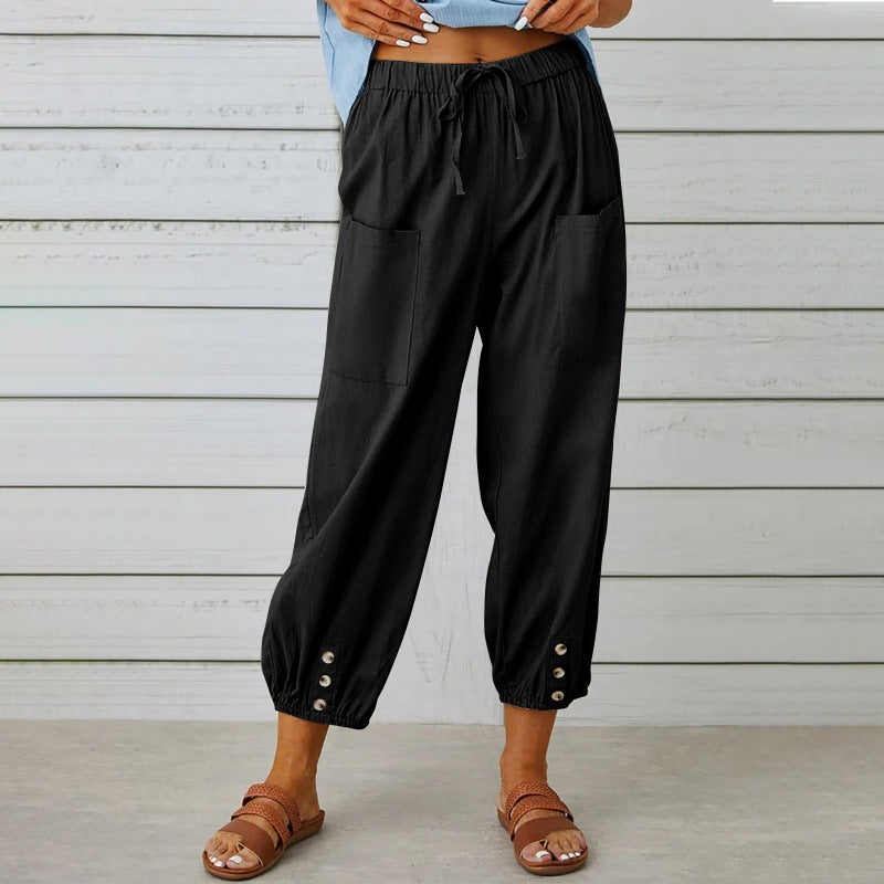 Paloma Delgado | Relaxed Drawstring Cropped Trousers with Button Hem