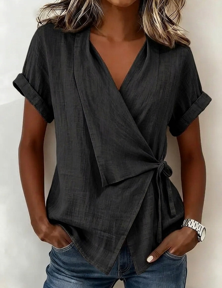 Camille Rousseau | Linen Wrap Blouse with Tie Waist