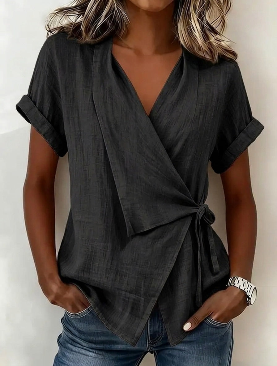 Camille Rousseau | Linen Wrap Blouse with Tie Waist