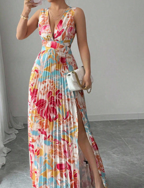 Victoria Beckwith | Floral Deep V-Neck Pleated Maxi Dress